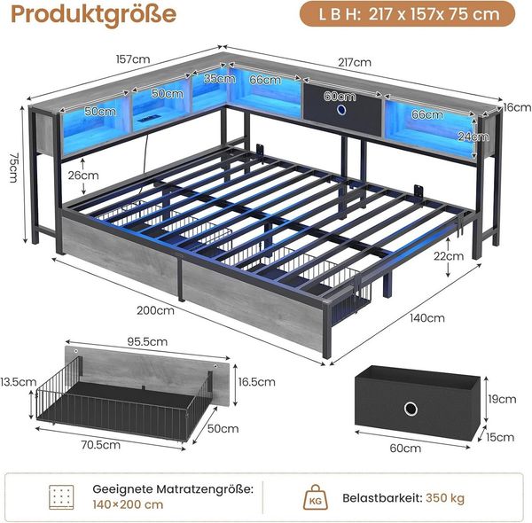 MSMASK Daybett Schlafsofa mit LED-Beleuchtung und Steckdose, Kinderbett, Jugendbett (1 tlg), Bett mit Metallrost, 140x200 cm