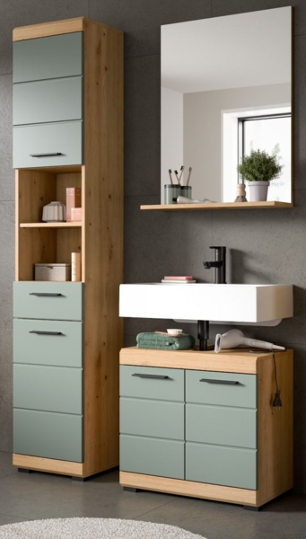 Badmöbel Set in Shawn grün und Eiche 3-teilig 112 cm
