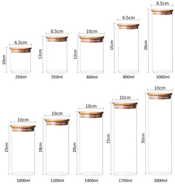 Simloveve Vorratsglas 5 Stück Gewürzbehälter Set Vorratsdosen Set, (250ml/550ml/700ml/800ml/1200ml/1400ml/1700ml/2000ml, 5-tlg), Aufbewahrung, luftdicht, platzsparend, stapelbar, Bambusdeckel