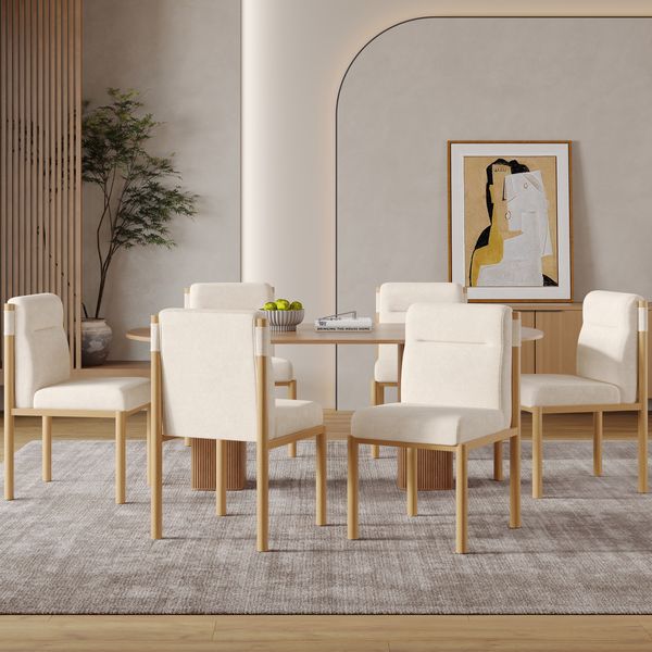 Esszimmerstuhl (6er-Set) H 80.5 x T 46 x B 52 cm, Sherpa Beige, Metallgestell in Eichenholz-Optik