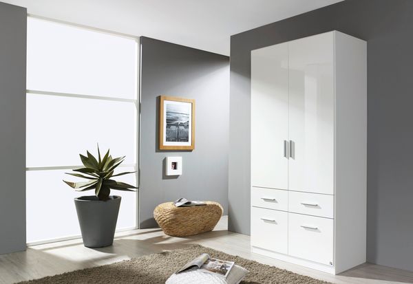 rauch Kleiderschrank; Drehtürenschrank CELLE, 2-türig, 4 Schubkästen, Hochglanz alpinweiß, 91 x 197 x 54xcm