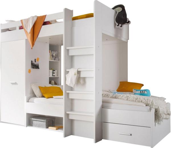 Stella Trading Maxi Modernes Hochbett mit Schrank & 2X Liegeflächen 90x200 cm - Platzsparendes Kinder Etagenbett in Weiß - 269 x 180 x 115 cm (B/H/T)