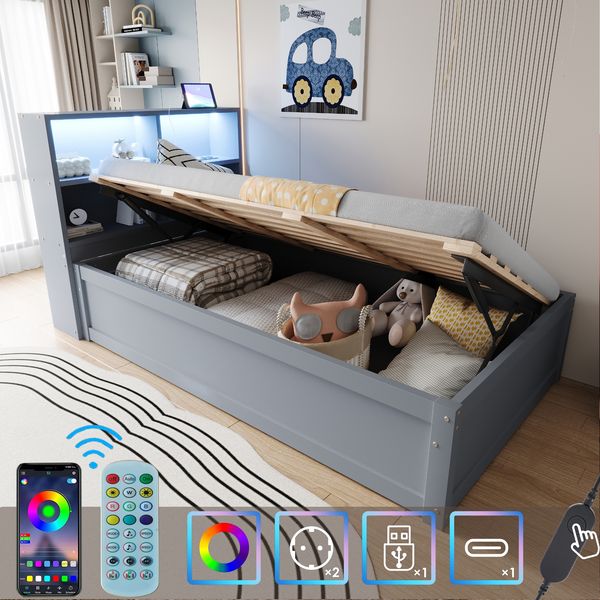 Multifunktionsbett 90x200 cm aus Massivholz mit LED-Beleuchtung, USB-Steckdose, 4 Stauräumen,Grau