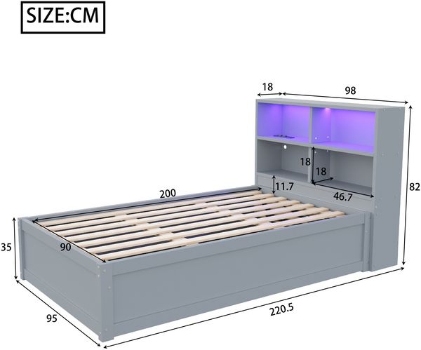 Multifunktionsbett 90x200 cm aus Massivholz mit LED-Beleuchtung, USB-Steckdose, 4 Stauräumen,Grau Bild 8