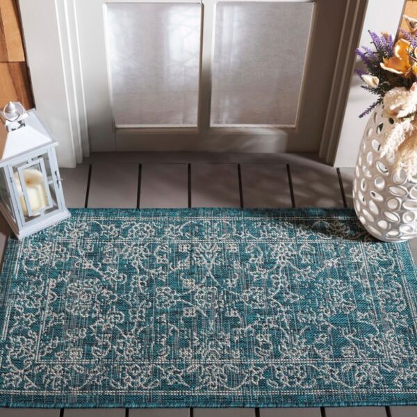Safavieh Geometrisch Teppich für Drinnen & Draussen - Courtyard Collection, Kurzer Flor, Grau und Marineblau, 61 X 109 cm