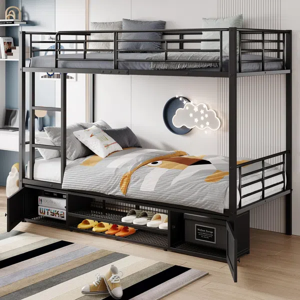 Etagenbett mit Trittleiter, Lattenrost, Schuhregal, Schrank, 2 Liegeflächen und Rausfallschutz, 90x200 cm, Metallbett, Kinderbett