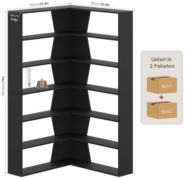 Homfa Bücherregal Eckregal Standregal Eck-Bücherregal, mit 6 Ebenen aus Holz, 90x90x190,5cm