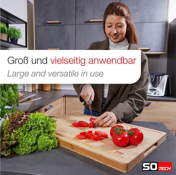 SO-TECH® Schneidebrett Bambus XXL 61 x 40,5 cm mit Saftrille & Griffen Servierbrett, Bambus, (1-St), geölt, mit eingearbeiteten Griffen