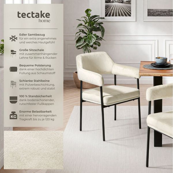 tectake Esszimmerstuhl Armlehnstuhl gepolstert, durchgehende Lehne, 58 x 62 x 85 cm (Küchenstuhl Doé in Samtoptik off-white, 2 St), pulverbeschichtete Stahlbeine, bodenschonend, Belastbarkeit 120 kg