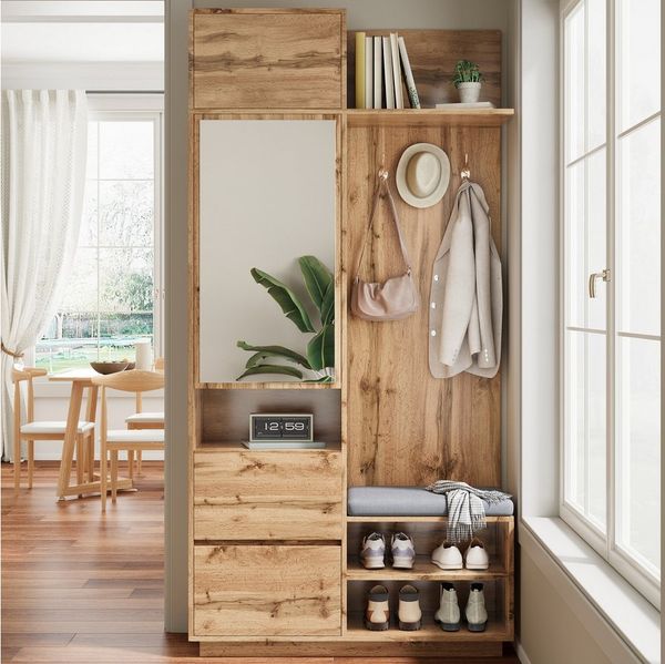 Merax Garderoben-Set 5-in-1 Kompaktgarderobe Scandi Garderobenkombination, (1-St, 90 L × 34,5 B × 190 H (cm), Flurgarderoben Set mit Spiegel Sitzbank Schuhregal Schubladen & Haken