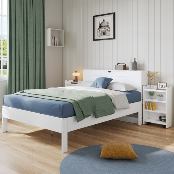 Doppelbett 140x200 cm Weiß MDF Stauraumbett mit Ausziehbaren Nachttischen Aufbewahrung