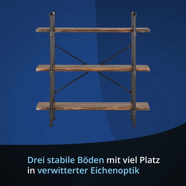 KHG Stand-Regal, Wand-Regal, Bücherregal, 1-4 Ablagen/Böden in verwitterter Eichenoptik mit viel Platz, max. Belastbarkeit bis 30 kg, Industrie-Vintage-Retro-Design, aus Metall/Holzwerkstoff