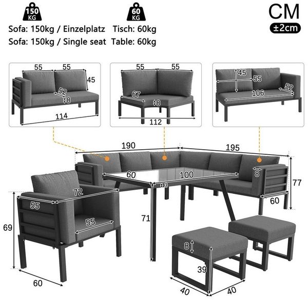 Celya Gartenlounge-Set Gartenmöbel set, Halbmond-förmiges Gartensofa-Set für 8 Personen, (1 Sessel & 2 Hockern, Wetterfeste Terrassenmöbel für Balkon), Robustes Eisengestell mit grauen Polstern, Komplett mit Glastisch