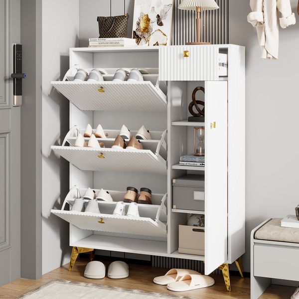 Schuhschrank mit 3 Klappen, 1 Schublade und 1 Tür, Schuhregal, Schuhkipper schmal, Schuhschrank weiß. Maße: H 121 cm / B 90 cm / T 25 cm