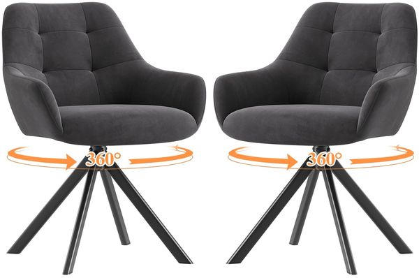 MALOL Drehbare Esszimmerstühle 2er Set, 360° Drehbare Armlehnstühle mit weichem Florstoff & Metallgestell, Bequeme Esszimmerstühle Drehbar mit Rückenlehne für Küche, Esszimmer, Büro, Grau