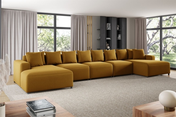 Wohnlandschaft Sofa U-Form Designersofa MEGAN XL in Stoff Salvador Honiggelb