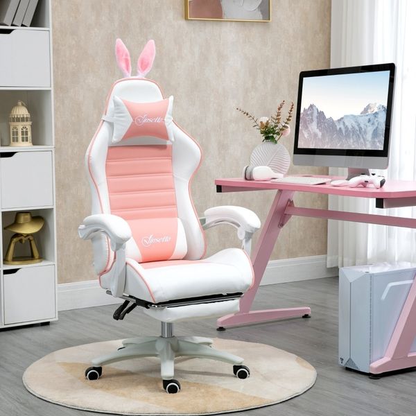 Gamingstuhl Mit Hasenohren & Fußstütze - Gamer Stuhl Höhenverstellbar 135° Neigung Mit Abnehmbaren Kissen, Kunstleder