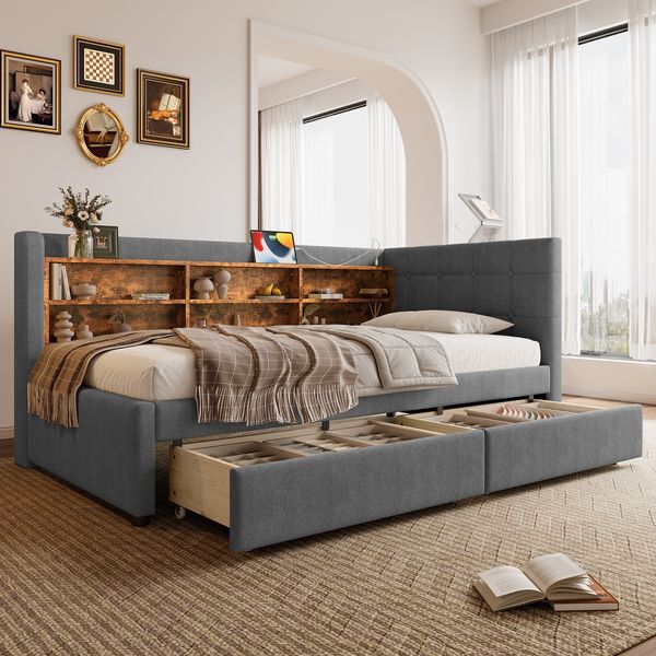 Daybett Leinen mit 2 Schubladen, USB-Anschluss & Ablagen, 90x200 cm, Grau, ohne Matratze