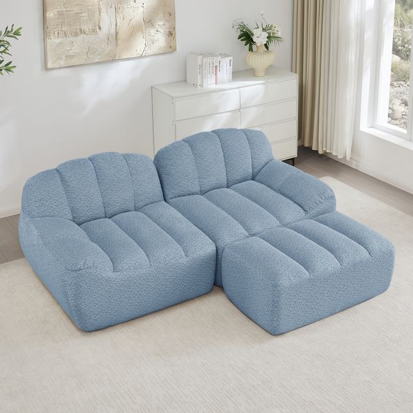Ecksofa Blau aus granuliertem Fleece, modulares Sofa mit Ottoman und ergonomischer Form,79 x 210 x 165 cm