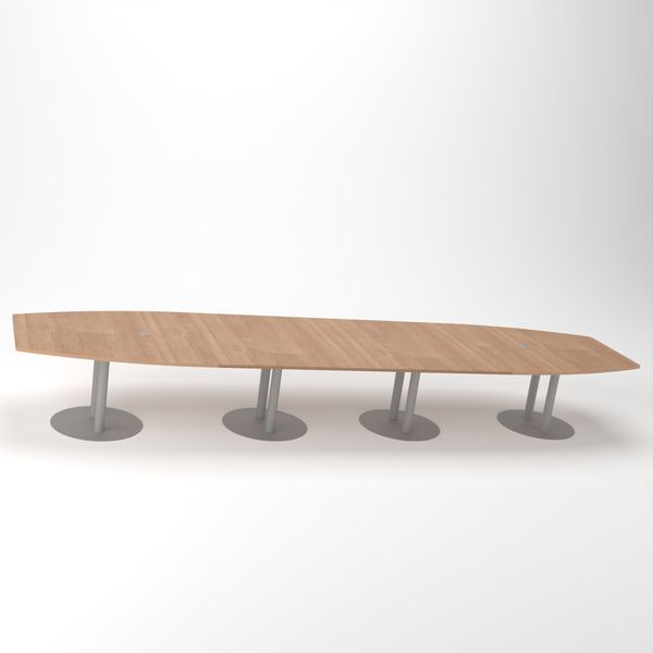Rheinland Möbel Konferenztisch KONTI 520x130 cm – ovaler Besprechungstisch in Nussbaum mit silbernen Säulenfüßen & 2 Kabelauslässen, erweiterbarer Meetingtisch für 16–18 Personen, moderner XXL-Tisch fürs Büro