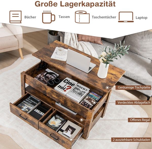 Couchtisch höhenverstellbar mit Schubladen Kafeetisch aus Holz 106 x 50 x 48 cm Braun