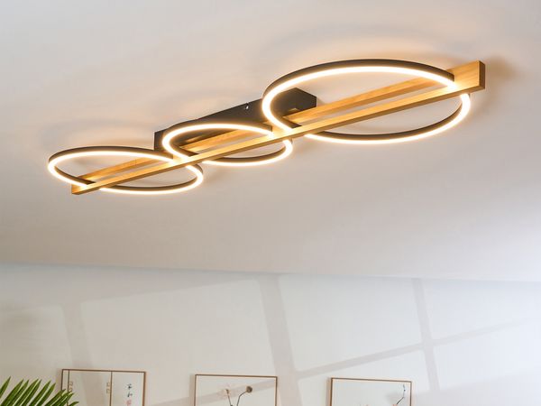 Große LED Deckenleuchte TOVAK dimmbar, Holzbalken mit Metallringen, Breite 115cm