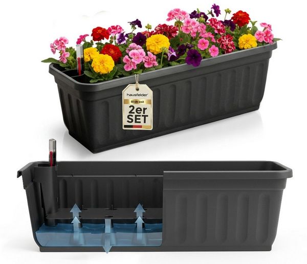 Hausfelder Blumenkasten Balkonkasten mit Wasserstandsanzeiger, Pflanzkasten 2er Set, 80cm (2er Set, 2 St, Jedes Set enthält: Füllstandsanzeiger, Boden, Pflanzkasten), Blumenkästen UV- und witterungsbeständig für innen und außen, matt
