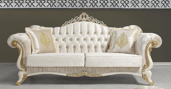 Casa Padrino Barock Wohnzimmer Sofa mit Glitzersteinen Champagnerfarben / Creme / Gold 224 x 83 x H. 112 cm - Wohnzimmer Möbel - Edel & Prunkvoll