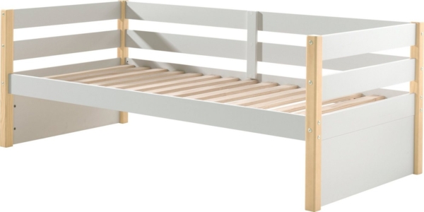 Kojen Bett Margrit mit Umrandung u. Rolllattenrost, Liegefläche 90x200, Ausf. Weiß lackiert, Bettpfosten Kiefer natur lackiert