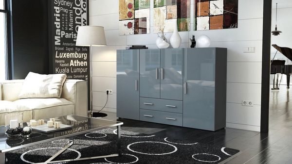 Highboard Nora Anrichte mit 2 Schubladen und 4 Türen mit insgesamt 8 Fächer dahinter, Anthrazit matt/Grau Hochglanz (166,5 x 106,5 x 35 cm)