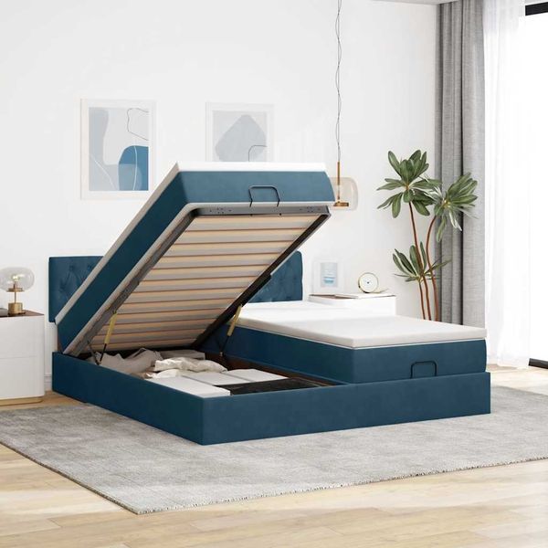 vidaXL Ottoman-Bett mit Matratzen & LEDs Dunkelblau 160x200 cm Samt 3312939