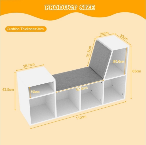 radelldar Bücherregal Kinderregal Spielzeugablage mit Sitz und 6 offenen Fächern,110x30x63cm Bild 2