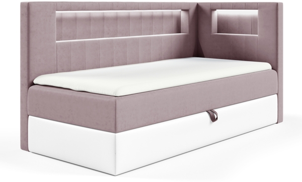 MEBLINI Kinderbett mit Bettkasten GARETH 3 80x200 Rechts – H3/Lila Samt Gepolstert Einzelbett mit Matratze - Polsterbett mit Stauraum - Bett mit Kopfteil – Stauraumbett