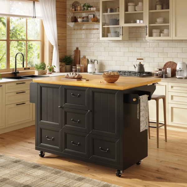 Kücheninsel mit 5 Schubladen, Handtuchhalter & Gewürzregal, 120x45x93 cm