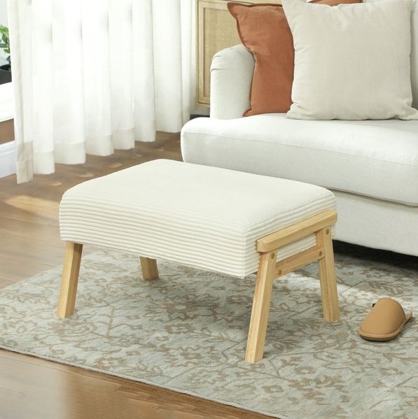 Sitzhocker 70 x 46 x 40 cm in Cremeweiß – gepolstert mit Kordsamt, mit Holzbeinen