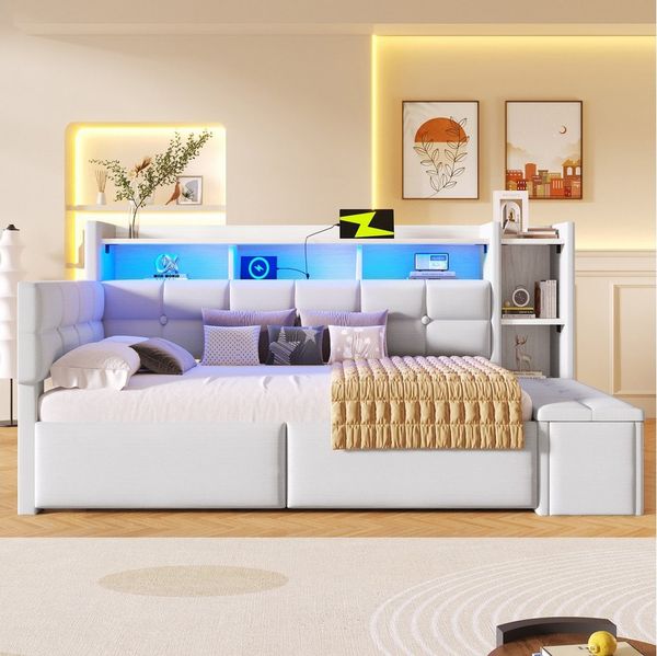 REDOM Schlafsofa zwei Schubladen & Ablagefach, USB- und Typ-C-Anschlüsse, mit Samtbezug, LED-Lichtleiste,Polsterbett Kinderbett 90×190 cm, ohne Matratze