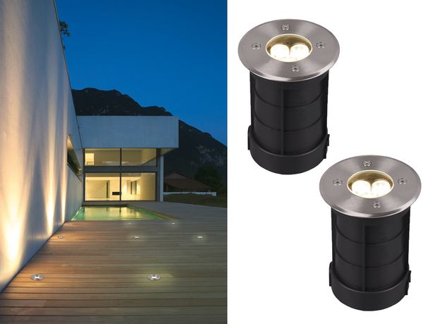 LED Bodeneinbauspot rund 2er Set Edelstahl Ø11cm IP65 Bodenstrahler für Einfahrt