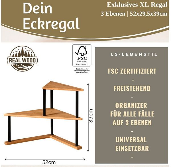 LS-LebenStil Küchenregal Holz Küchenregal Eckregal 39x52cm Metall stehend Aufbewahrungsregal, Küche & Bad - Gewürzregal über Eck - Organizer für Tassen Gewürze 1-tlg, Dekoregal als für Arbeitsplatte - Badregal Ablage Modern Platzsparend