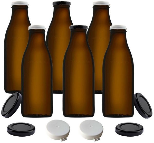 mikken Trinkflasche 6x Milchflasche 1,0 L Braunglas mit Ersatzdeckel, 1 L, inkl. Beschriftungsetiketten