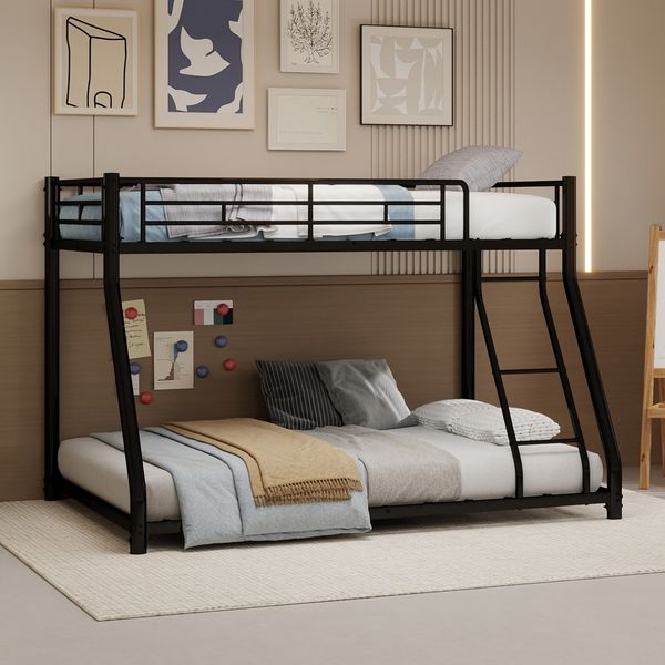 Heavy-Duty Metal Bunk Bed Frame, a top bunk of 90*140cm and a bottom bunk of 140*190cm,Space-Saving Design with Ladder & Full-Length Guardrails, Ideal for Teens & Adults, Modern Style.