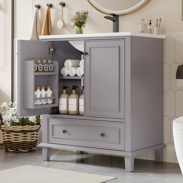 Waschtischunterschrank 76 x 46 x 87 cm mit Keramikbecken, MDF-Korpus, Massivholzbeine, grau