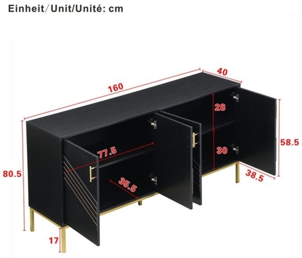Merax Sideboard (160 L x 40 B x 80,5 H, 1 St, Buffetschrank Schrank), Kommode Anrichte mit 4 Türe,höhenverstellbaren Regalen & Metallbeinen Bild 4
