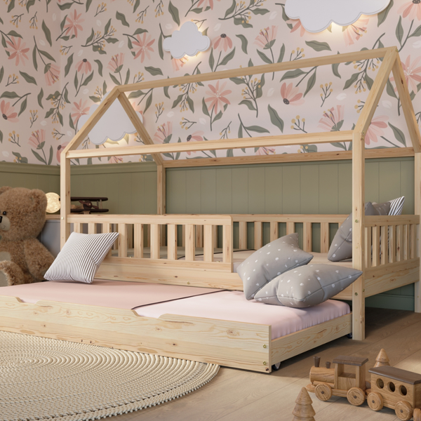 Crazy Pine 'Crazy Blanco' Hausbett mit Rausfallschutz, Skandinavisches Design, Naturholz, Natur, 100x200 cm, mit Ausziehbett