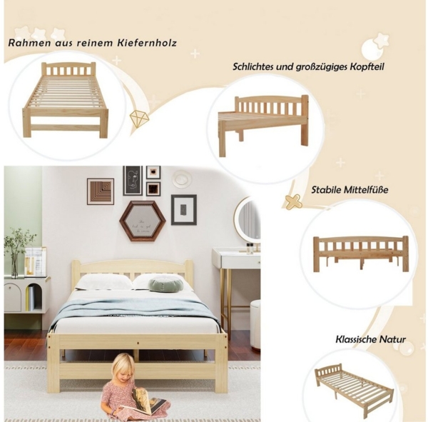 Flieks Massivholzbett, Einzelbett Futonbett mit Kopfteil und Lattenrost 90x200cm Bild 2