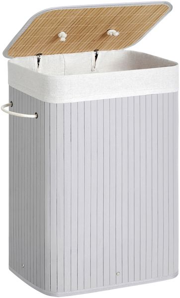 SONGMICS Wäschekorb mit Deckel, 72 L, Wäschesammler aus Bambus, Wäschesack herausnehmbar und maschinenwaschbar, für Waschküche, grau