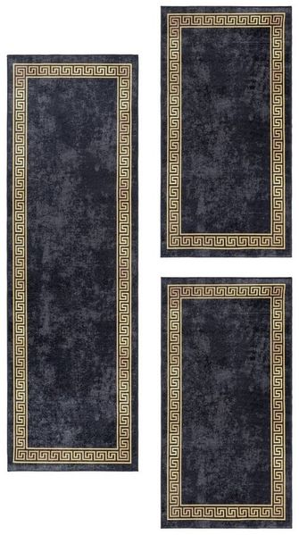 Teppium Teppich Mäander-Design, Rechteckig, Höhe: 6 mm, Schlafzimmer Teppich Bettumrandung Läufer Set 3 teilig Schwarz-3