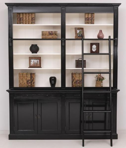 Casa Padrino Landhausstil Bücherschrank mit Leiter Schwarz / Weiß 200 x 40 x H. 240 cm - Massivholz Schrank - Wohnzimmerschrank - Regalschrank - Büroschrank - Landhausstil Möbel