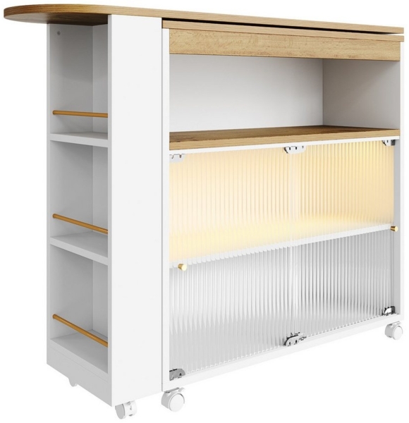 i@home Bartisch Moderner Beweglicher Bar Table, Stehtisch, Bistrotisch, Hochtisch (138-204×39×105cm, Bis 60 kg belastbar), Teleskopischer Bartisch mit LED, 2 Türen, drehbar, Weiß