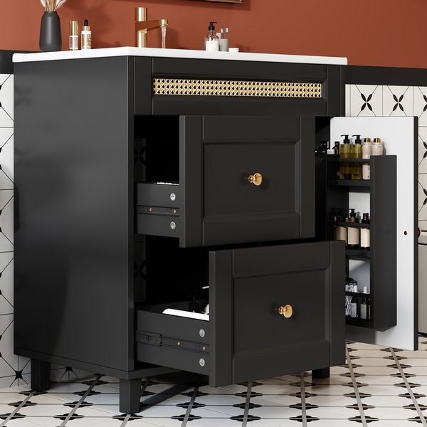 76x46x86,5cm freistehender Badezimmerwaschtisch, doppelte geräuschlose Schubladenschienen, Schranktüren mit Soft-Close-Funktion, goldene Griffe und Rattanverzierungen, Keramikwaschbecken, schwarz.
