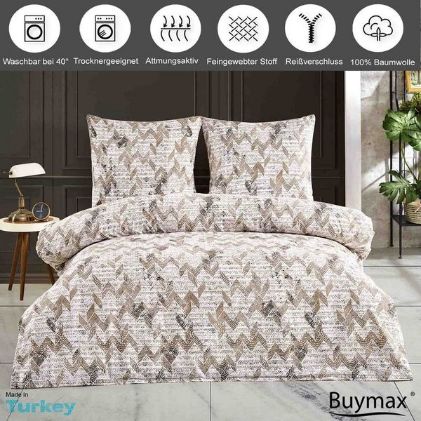 Buymax Bettwäsche Berta, Renforce: 100% Baumwolle, 2 teilig, 135x200 cm Kissenbezug 80x80 cm mit Reißverschluss Zickzack Beige Braun